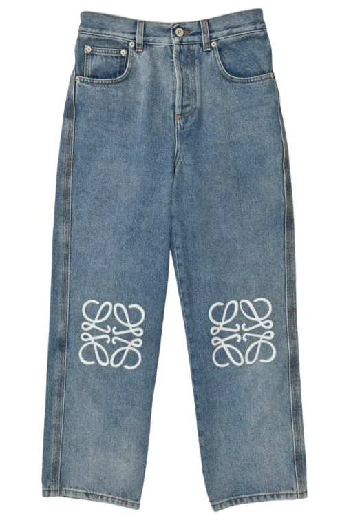 Washed indigo denim pull-on high-rise straight leg jeans with anagram knee motif