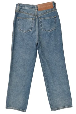 Washed indigo denim pull-on high-rise straight leg jeans with anagram knee motif