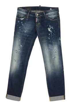 Washed indigo distressed cotton-blend denim low-rise paint splattered Pat skinny jeans with turn up cuffs