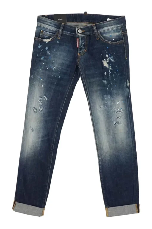 Washed indigo distressed cotton-blend denim low-rise paint splattered Pat skinny jeans with turn up cuffs