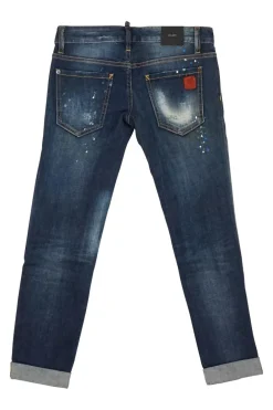 Washed indigo distressed cotton-blend denim low-rise paint splattered Pat skinny jeans with turn up cuffs