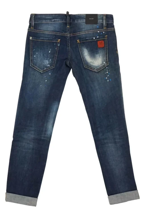 Washed indigo distressed cotton-blend denim low-rise paint splattered Pat skinny jeans with turn up cuffs