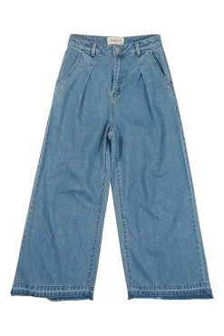 Washed indigo raw edge cotton denim pull-on high-rise wide-leg pleated jeans