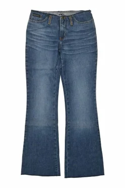 Washed indigo raw edge cotton denim pull-on low-rise flared jeans