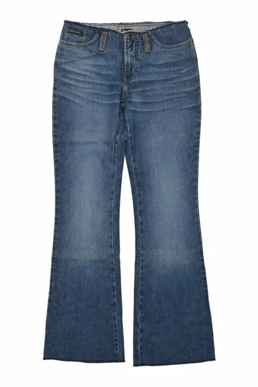 Washed indigo raw edge cotton denim pull-on low-rise flared jeans