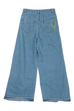 Washed indigo raw edge cotton denim pull-on high-rise wide-leg pleated jeans