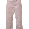 Washed pink paneled raw-edge cotton-blend denim high-rise straight-leg jeans