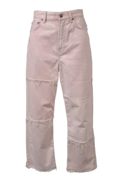 Washed pink paneled raw-edge cotton-blend denim high-rise straight-leg jeans