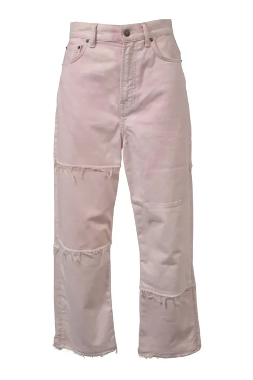 Washed pink paneled raw-edge cotton-blend denim high-rise straight-leg jeans