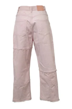 Washed pink paneled raw-edge cotton-blend denim high-rise straight-leg jeans