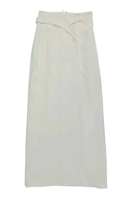 White acetate-blend bra top and  paperbag waist belted maxi skirt set