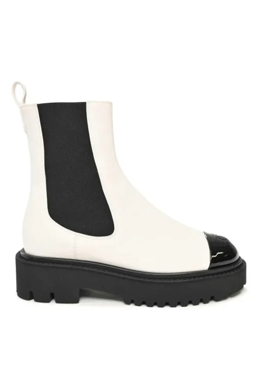 White and Black Calfskin with Embroidered CC Logo Ankle Boots