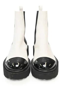 White and Black Calfskin with Embroidered CC Logo Ankle Boots
