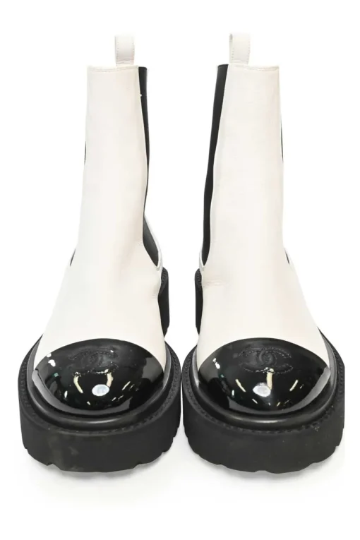 White and Black Calfskin with Embroidered CC Logo Ankle Boots