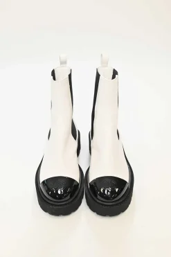 White and Black Calfskin with Embroidered CC Logo Ankle Boots