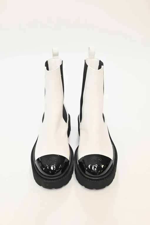 White and Black Calfskin with Embroidered CC Logo Ankle Boots