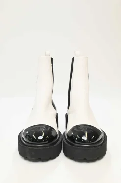 White and Black Calfskin with Embroidered CC Logo Ankle Boots