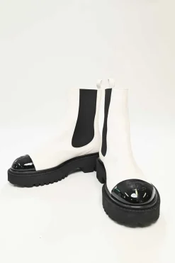 White and Black Calfskin with Embroidered CC Logo Ankle Boots