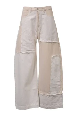 White and ecru paneled cotton denim high-rise patchwork boyfriend jeans with broderie Anglaise inserts