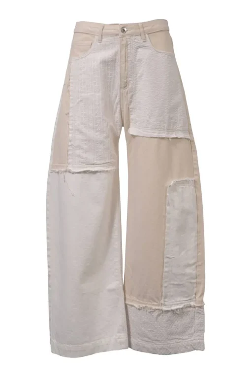 White and ecru paneled cotton denim high-rise patchwork boyfriend jeans with broderie Anglaise inserts