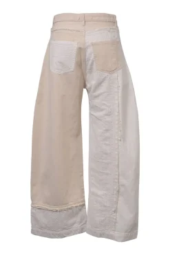 White and ecru paneled cotton denim high-rise patchwork boyfriend jeans with broderie Anglaise inserts