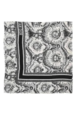 White and navy blue cashmere Toile de Jouy Soleil wrap shawl