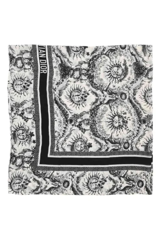 White and navy blue cashmere Toile de Jouy Soleil wrap shawl