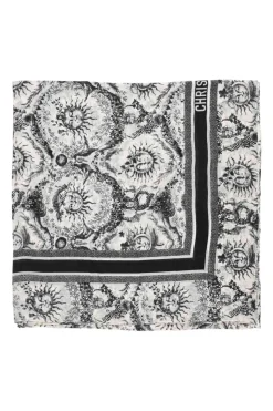 White and navy blue cashmere Toile de Jouy Soleil wrap shawl