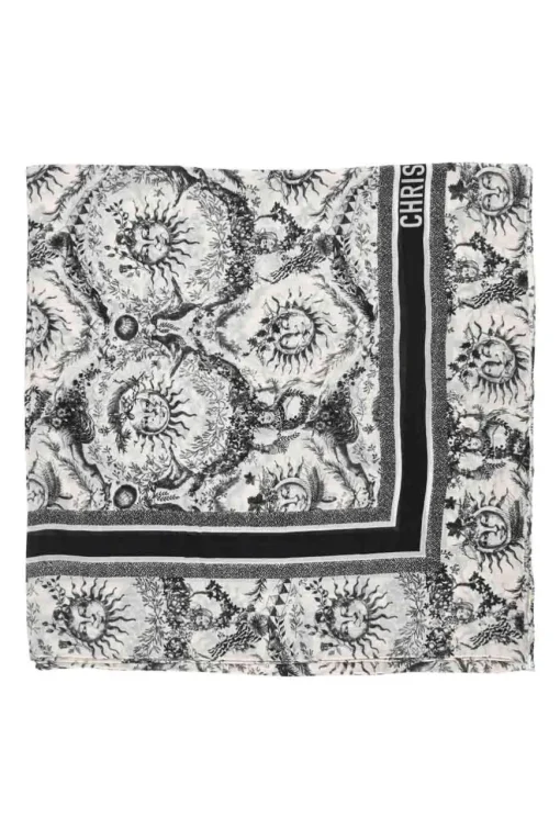 White and navy blue cashmere Toile de Jouy Soleil wrap shawl