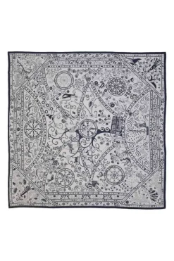 White and navy cashmere silk-blend printed shawl featuring 'Peuple du Vent' artwork by Christine Henry