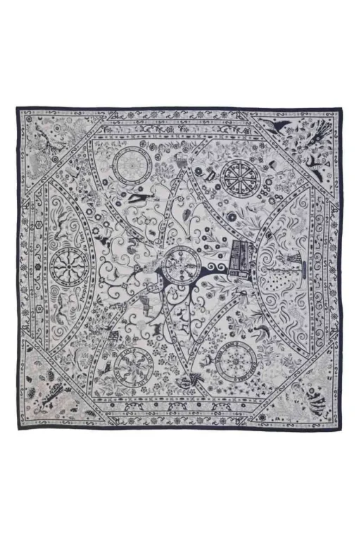 White and navy cashmere silk-blend printed shawl featuring 'Peuple du Vent' artwork by Christine Henry