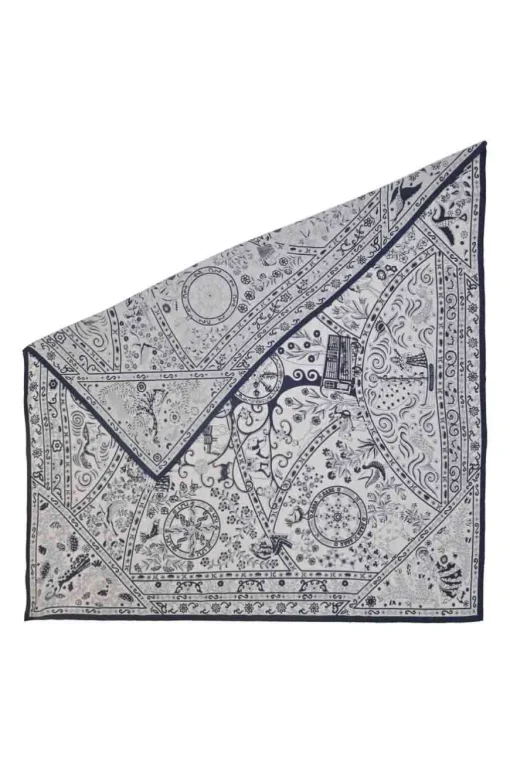 White and navy cashmere silk-blend printed shawl featuring 'Peuple du Vent' artwork by Christine Henry