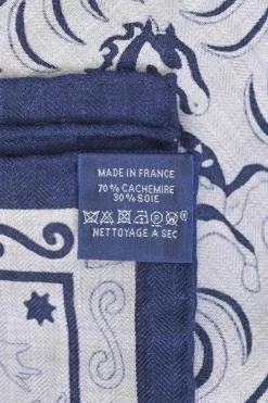 White and navy cashmere silk-blend printed shawl featuring 'Peuple du Vent' artwork by Christine Henry