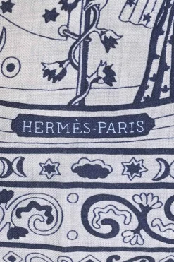 White and navy cashmere silk-blend printed shawl featuring 'Peuple du Vent' artwork by Christine Henry