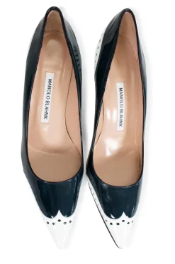 White and navy "coquette 70" patent leather high heels