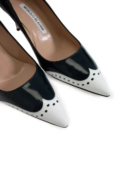 White and navy "coquette 70" patent leather high heels