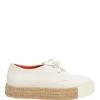 White and neutral leather, canvas, a raffia Rosa low-top flatform sneakers