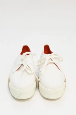 White and neutral leather, canvas, a raffia Rosa low-top flatform sneakers