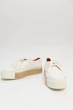 White and neutral leather, canvas, a raffia Rosa low-top flatform sneakers