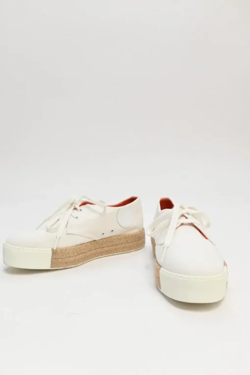 White and neutral leather, canvas, a raffia Rosa low-top flatform sneakers