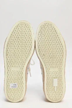 White and neutral leather, canvas, a raffia Rosa low-top flatform sneakers