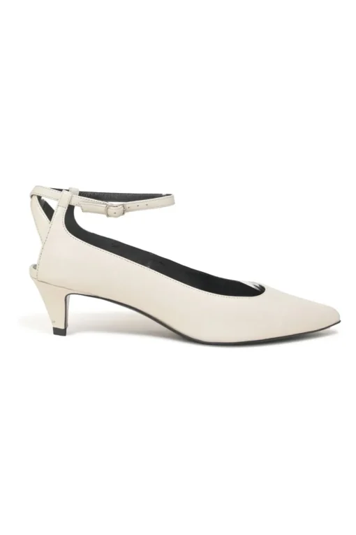 White calfskin pointed-toe Sharp buckle strap slingback court pumps