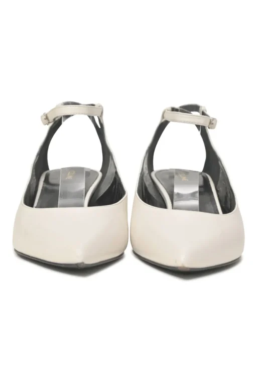 White calfskin pointed-toe Sharp buckle strap slingback court pumps