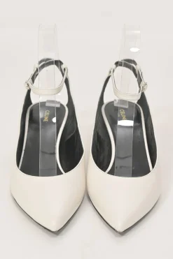 White calfskin pointed-toe Sharp buckle strap slingback court pumps