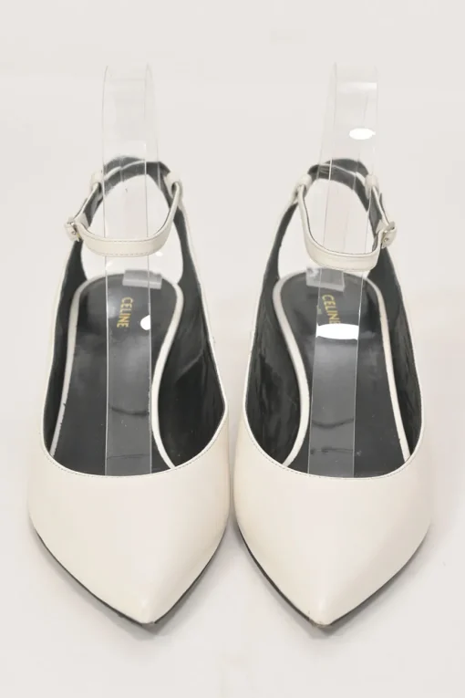 White calfskin pointed-toe Sharp buckle strap slingback court pumps