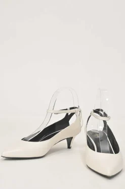 White calfskin pointed-toe Sharp buckle strap slingback court pumps