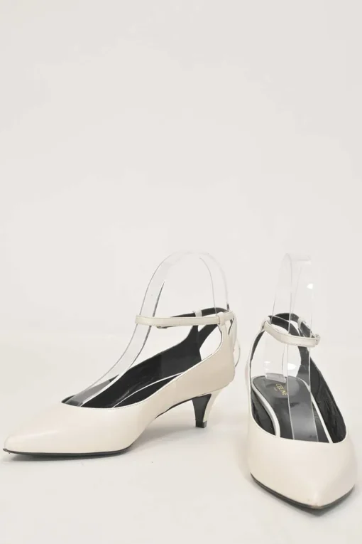 White calfskin pointed-toe Sharp buckle strap slingback court pumps