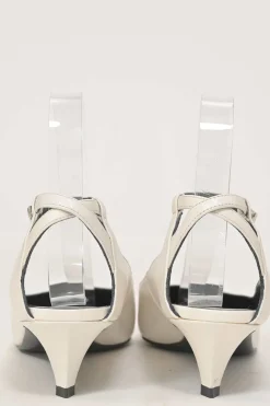 White calfskin pointed-toe Sharp buckle strap slingback court pumps
