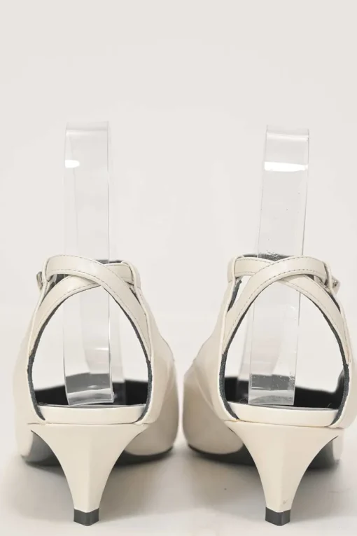 White calfskin pointed-toe Sharp buckle strap slingback court pumps