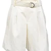 White cotton and ramie-blend high-waisted paperbag belted shorts